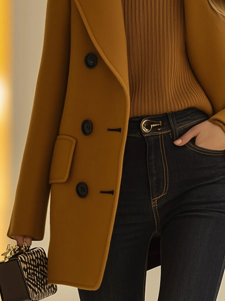 【24-hour shipping】Casual Loose Retro Camel Wool Double-Breasted Mid-Length Coat