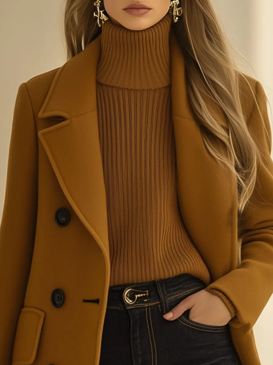 【24-hour shipping】Casual Loose Retro Camel Wool Double-Breasted Mid-Length Coat