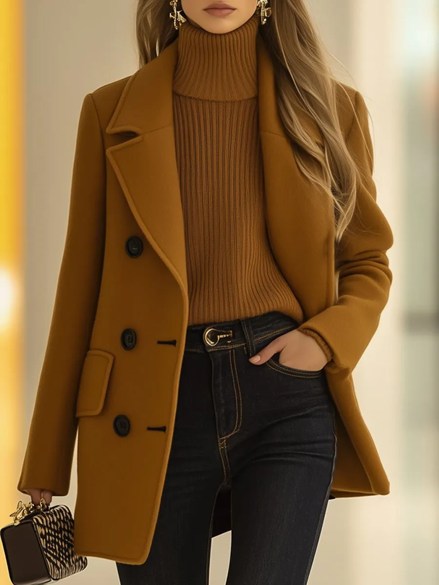 【24-hour shipping】Casual Loose Retro Camel Wool Double-Breasted Mid-Length Coat