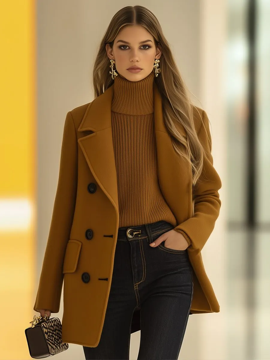 【24-hour shipping】Casual Loose Retro Camel Wool Double-Breasted Mid-Length Coat