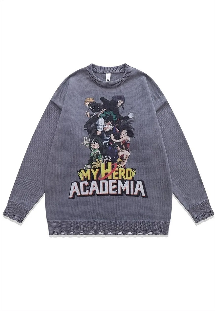 Academia sweater knitted distressed Anime print jumper black