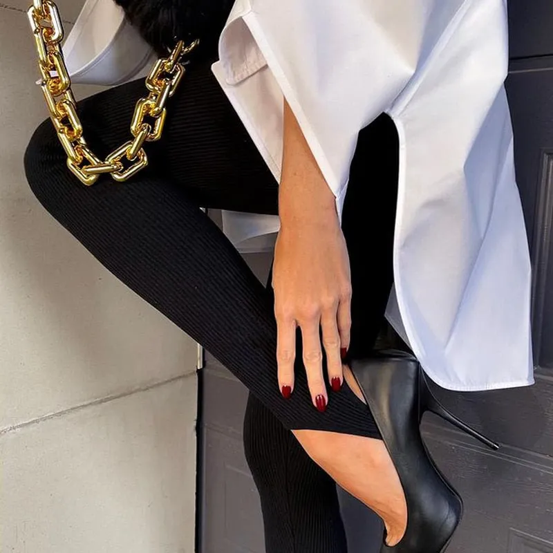 Beige Ribbed Knit Leggings Women High Waist