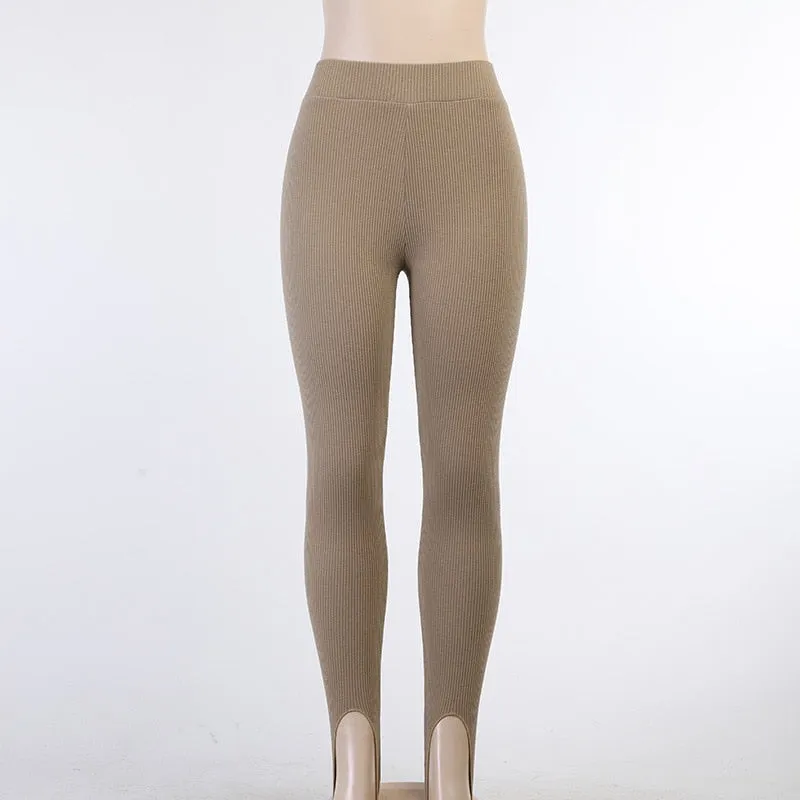 Beige Ribbed Knit Leggings Women High Waist