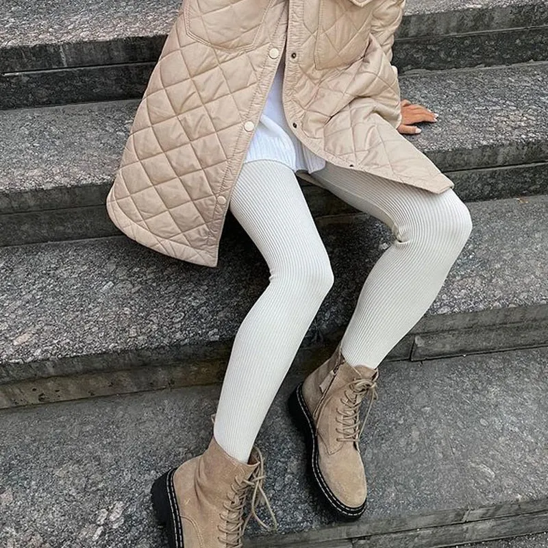 Beige Ribbed Knit Leggings Women High Waist