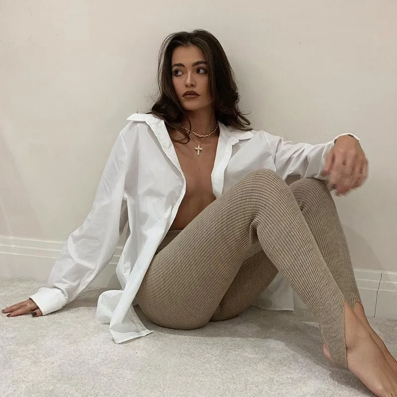 Beige Ribbed Knit Leggings Women High Waist