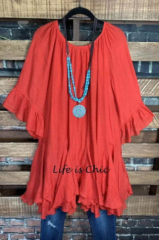 BOHO-HIPPIE SWING OVERSIZED COMFY TUNIC DRESS IN RUST