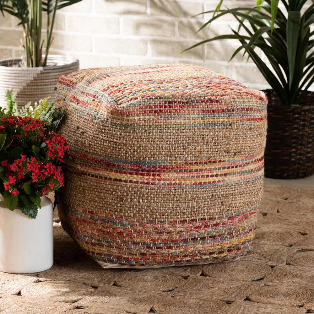 Caiman Moroccan Inspired Multicolored Handwoven Hemp Pouf Ottoman
