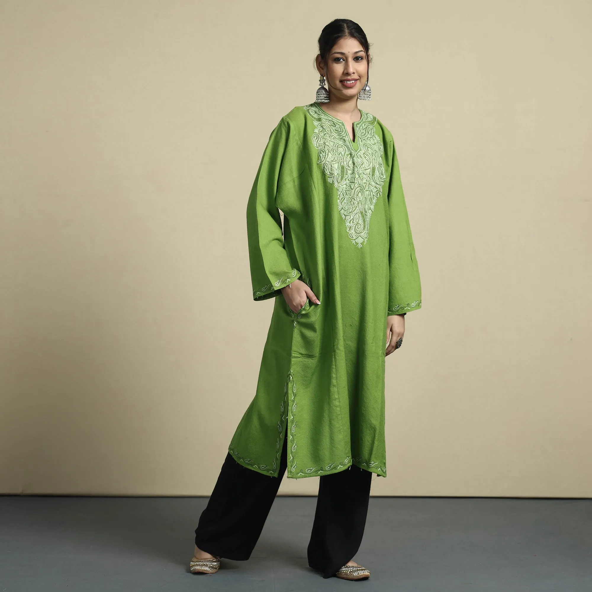Green - Aari Embroidery Kashmiri Merino Wool Pheran
