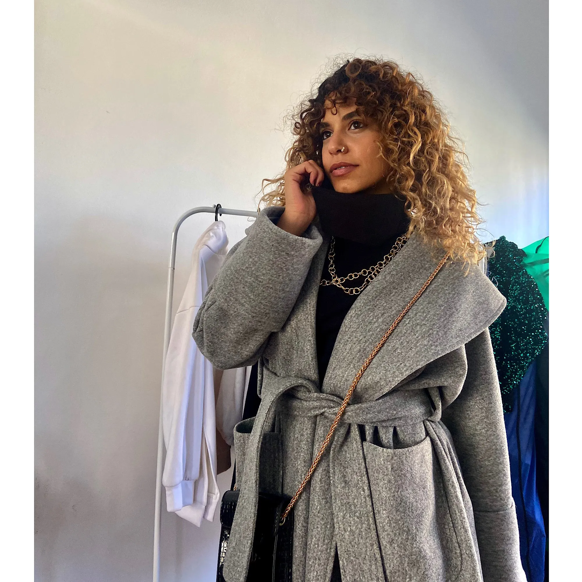 Grey wool wide collar coat