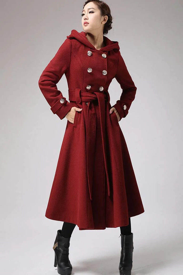 Handmade Women's Red Wool Swing Coat with Oversized Hood - Timeless Winter Style 0705#