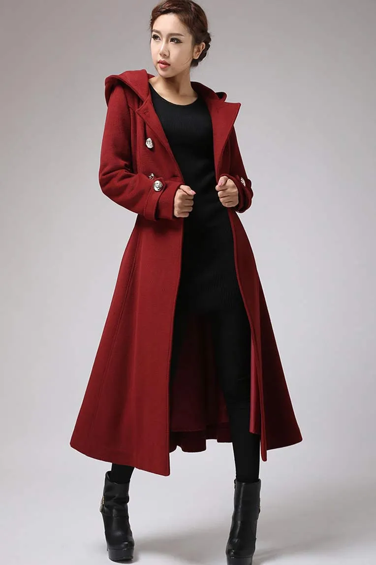 Handmade Women's Red Wool Swing Coat with Oversized Hood - Timeless Winter Style 0705#