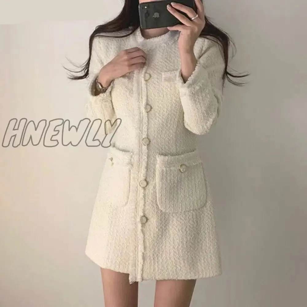 Hnewly Vintage Beige Tweed Dress Woman Single Breasted Elegant Party Mini Dresses Female Autumn Winter Wool Blend Dress Vestidos Mujer