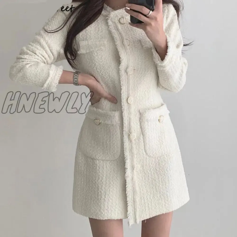Hnewly Vintage Beige Tweed Dress Woman Single Breasted Elegant Party Mini Dresses Female Autumn Winter Wool Blend Dress Vestidos Mujer