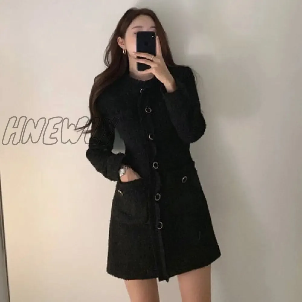 Hnewly Vintage Beige Tweed Dress Woman Single Breasted Elegant Party Mini Dresses Female Autumn Winter Wool Blend Dress Vestidos Mujer