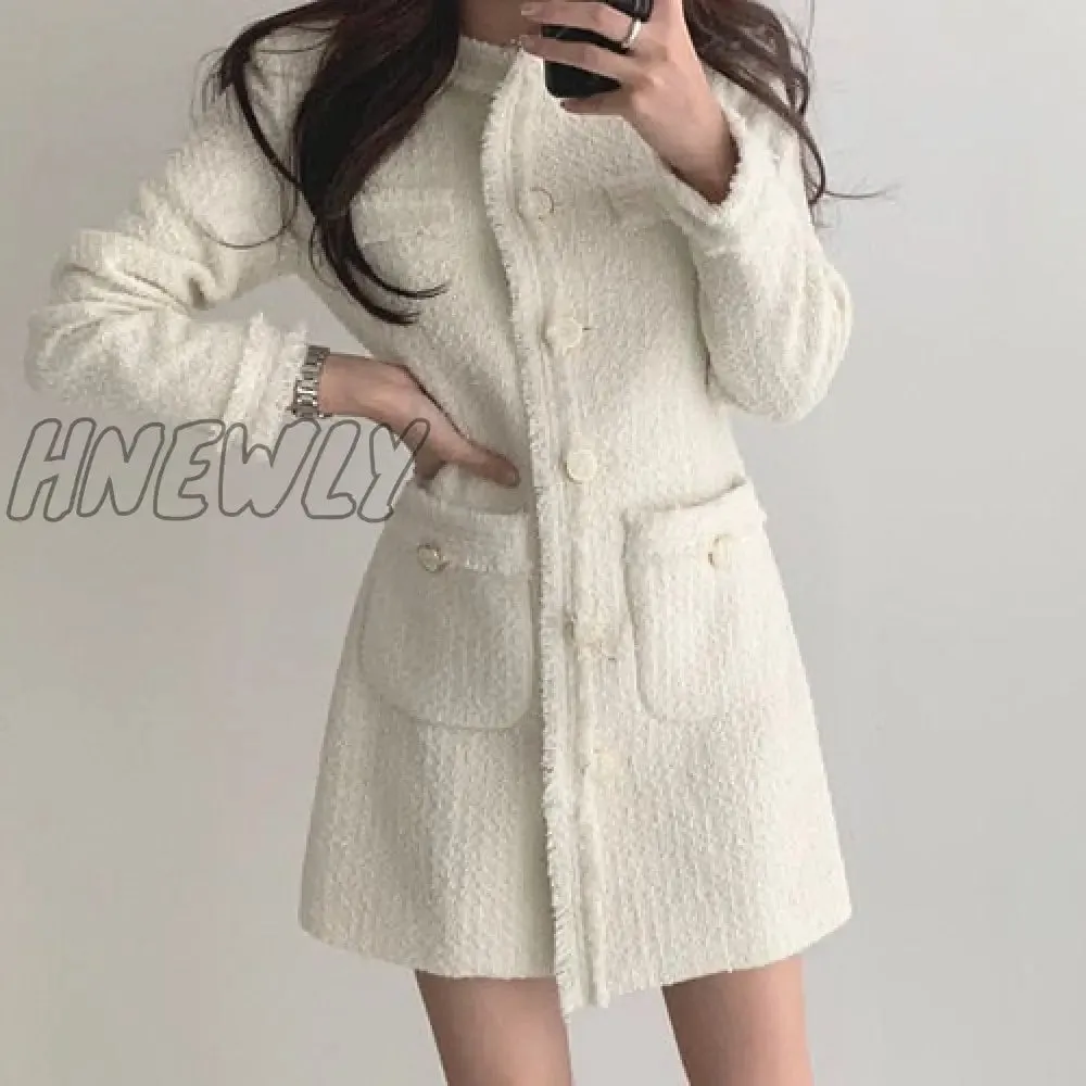 Hnewly Vintage Beige Tweed Dress Woman Single Breasted Elegant Party Mini Dresses Female Autumn Winter Wool Blend Dress Vestidos Mujer
