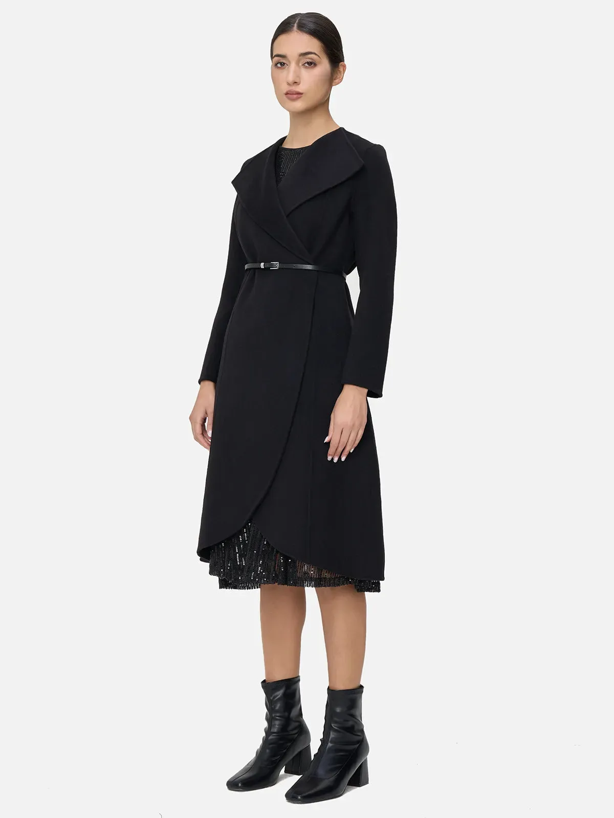 Lapel Open Front  Asymmetric Wool Coat