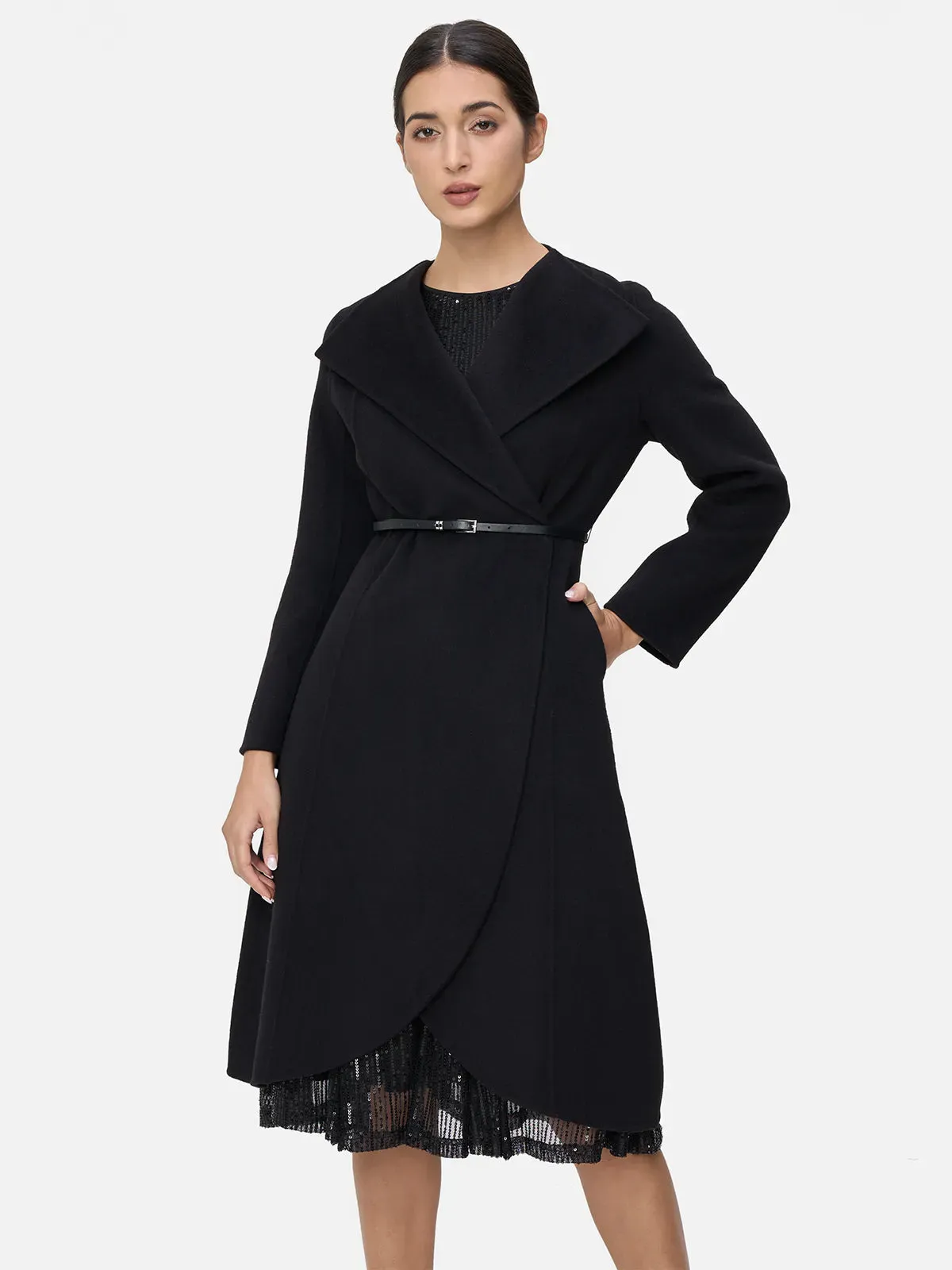 Lapel Open Front  Asymmetric Wool Coat