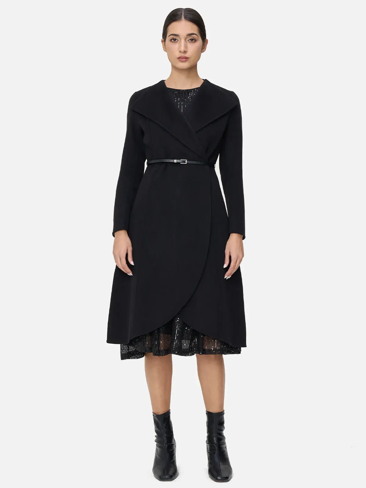 Lapel Open Front  Asymmetric Wool Coat