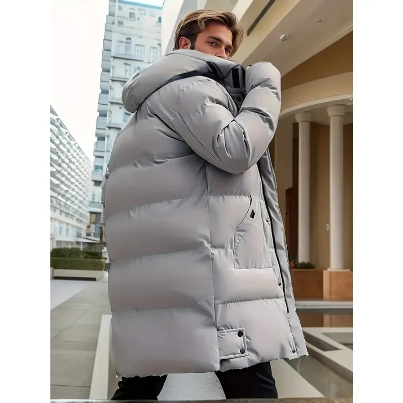 Men's Comfortable Long Puffer Jacket with Hood | Ideal for Autumn/Winter