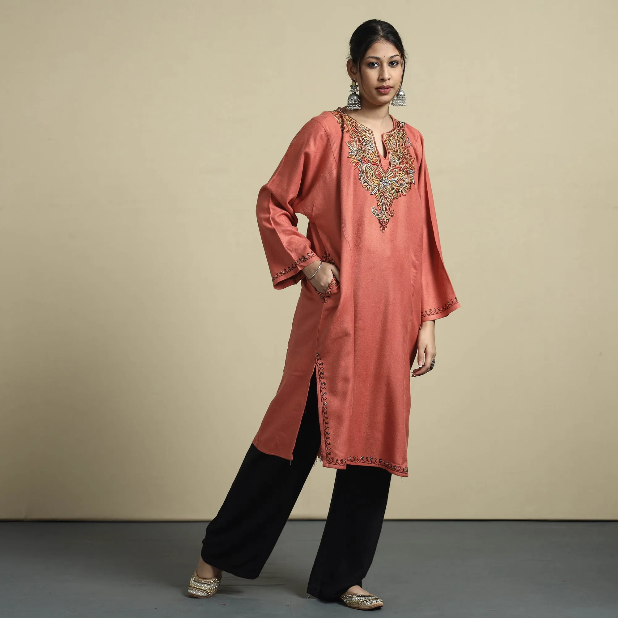 Peach - Sozni Embroidery Kashmiri Cashmilon Wool Pheran