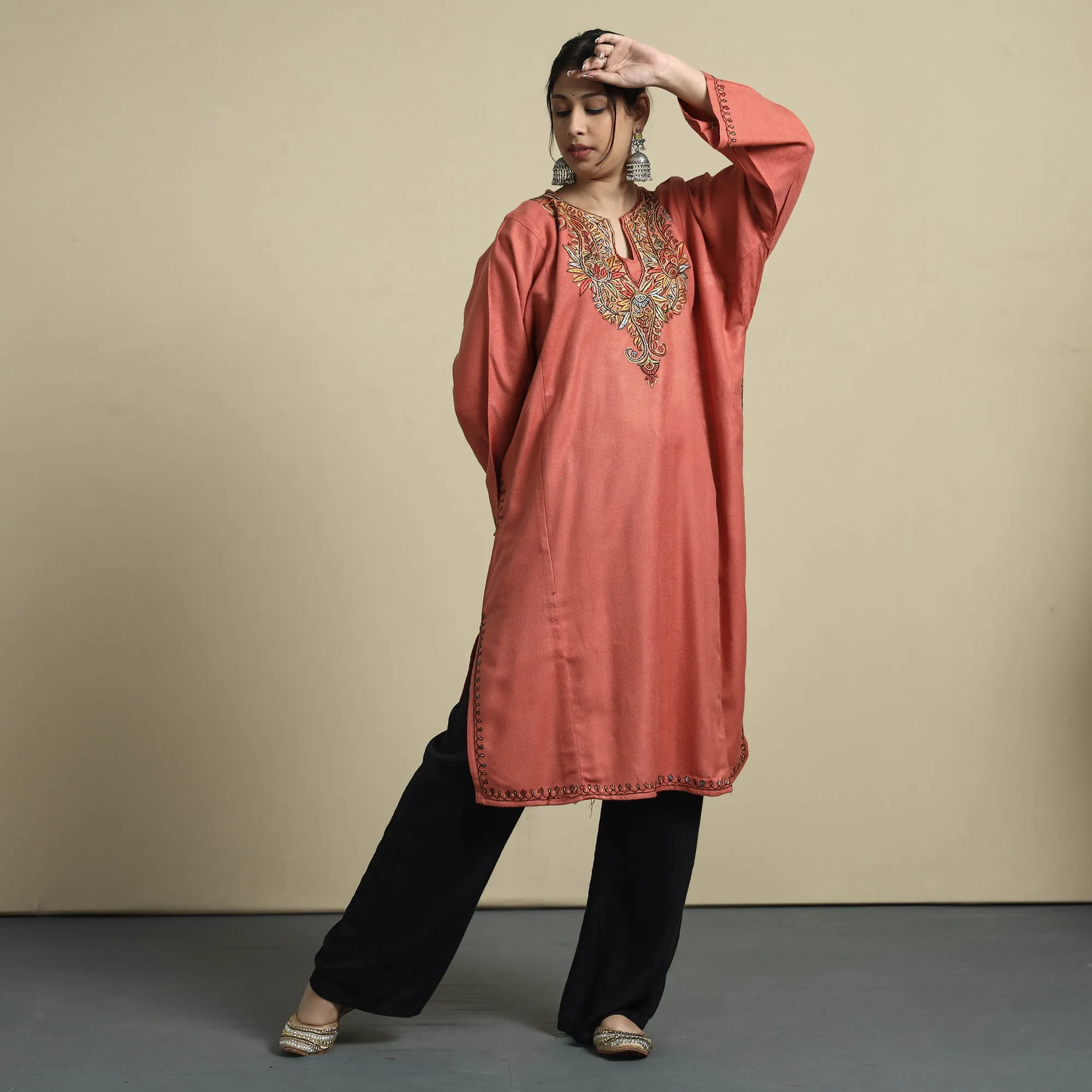 Peach - Sozni Embroidery Kashmiri Cashmilon Wool Pheran