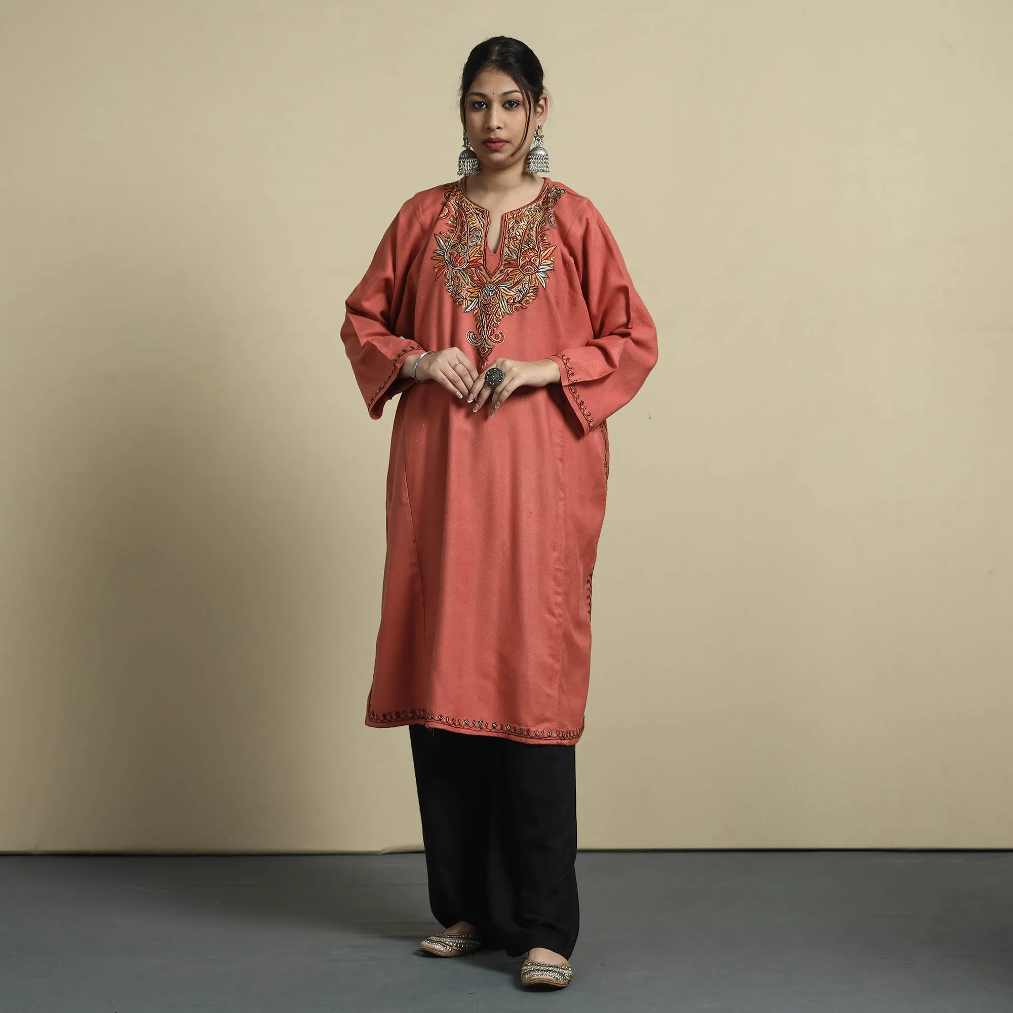 Peach - Sozni Embroidery Kashmiri Cashmilon Wool Pheran