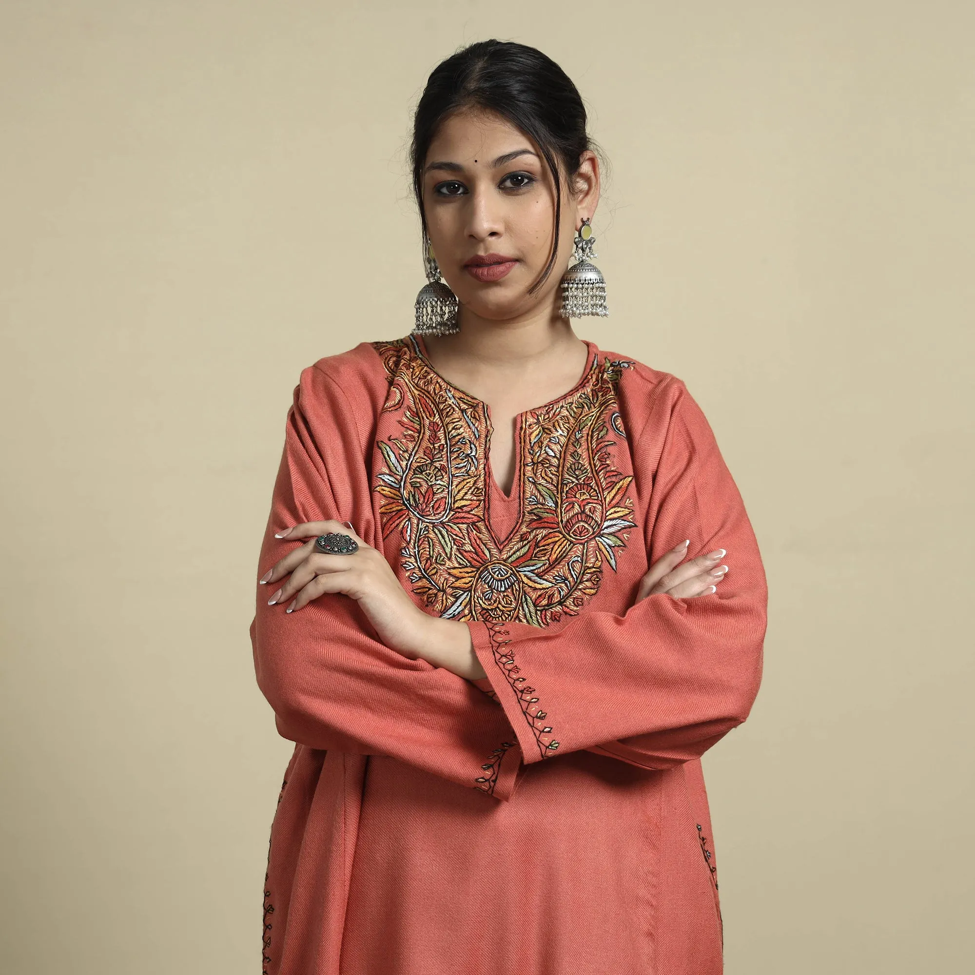 Peach - Sozni Embroidery Kashmiri Cashmilon Wool Pheran