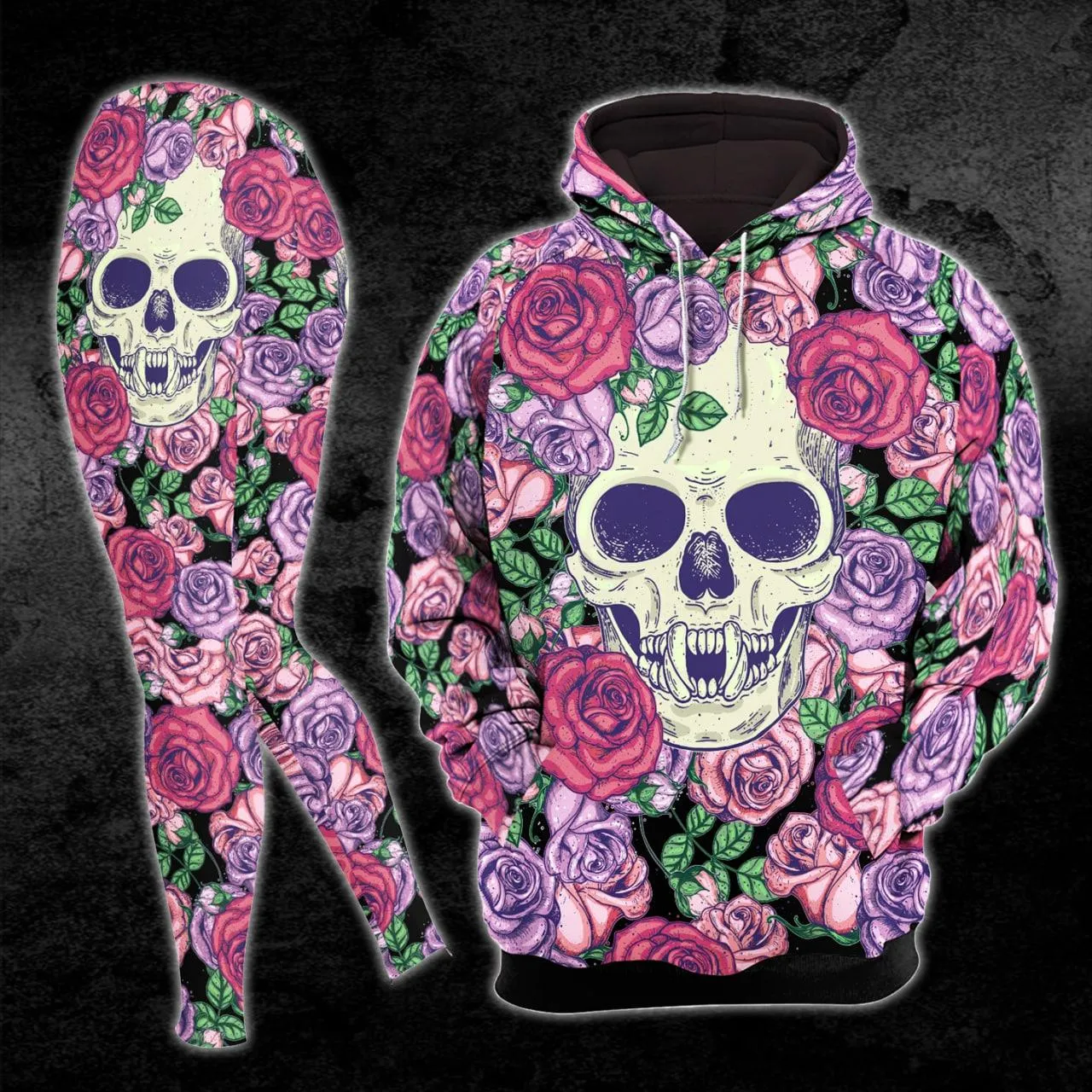 Pink Flower Rose Skull Combo Hoodie and Leggings