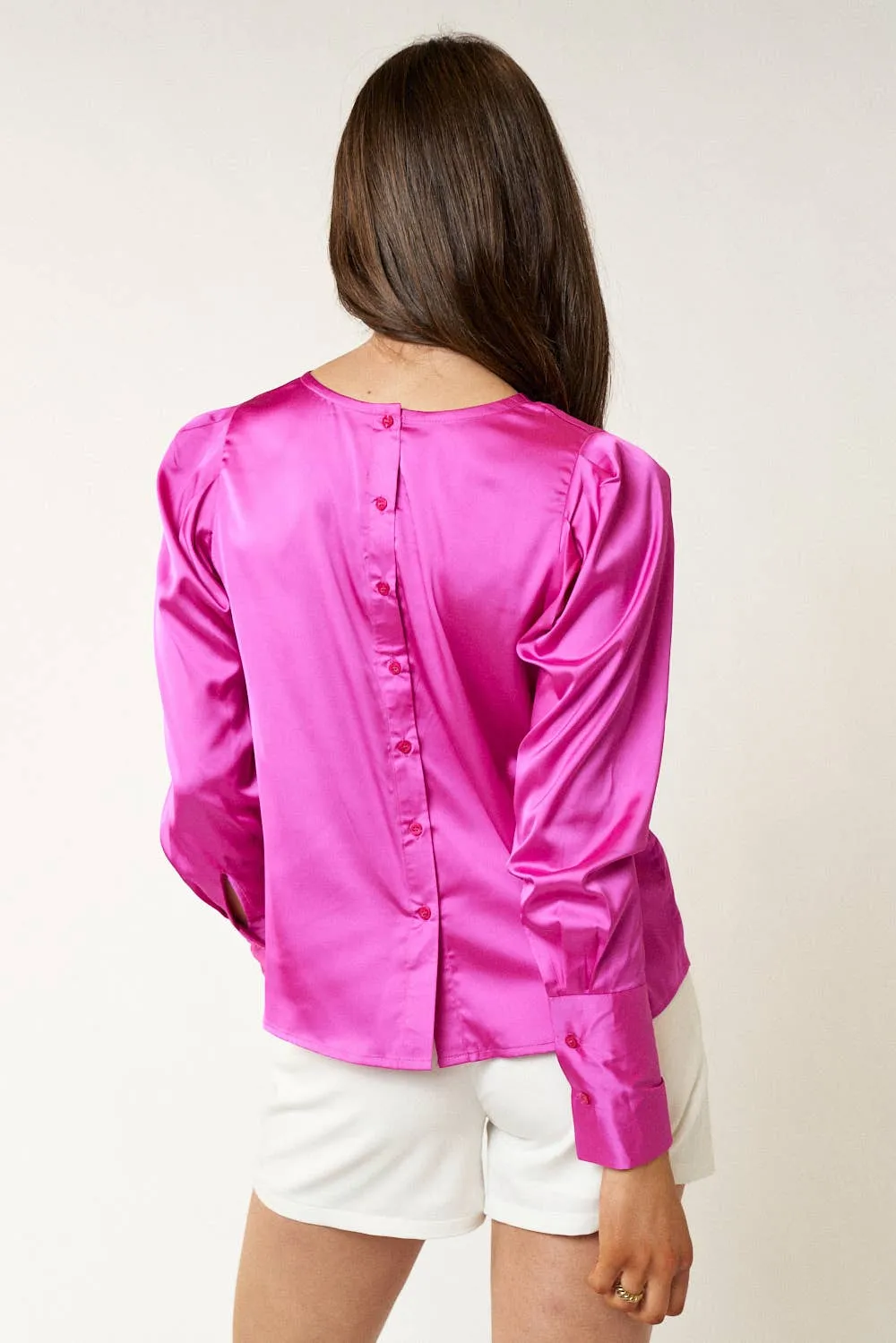 SATIN BACK BUTTON UP DETAILED LONG SLEEVE TOP SMALL / HOT PINK