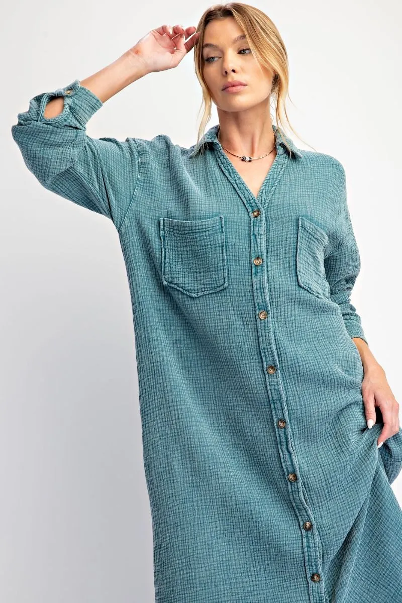 Teal Gauze Buttondown Dress