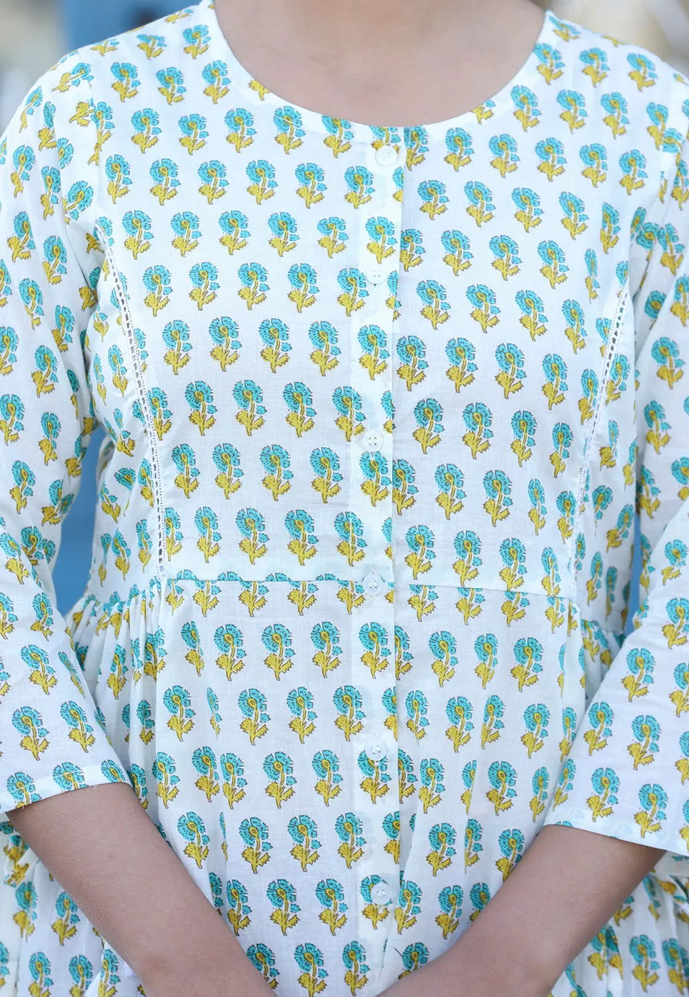 White-Green Floral Print Cotton Shirt Style Tunic  (pack of 1)