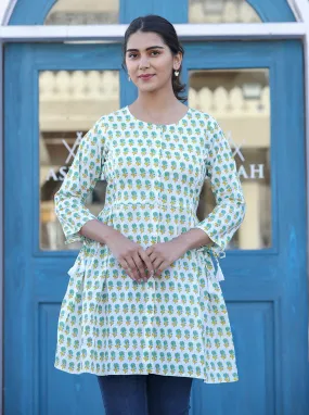 White-Green Floral Print Cotton Shirt Style Tunic  (pack of 1)