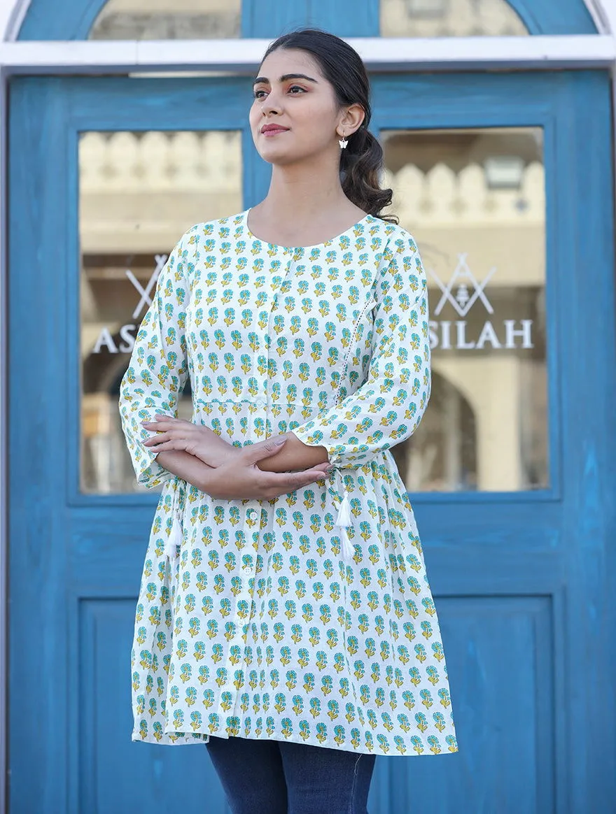 White-Green Floral Print Cotton Shirt Style Tunic  (pack of 1)