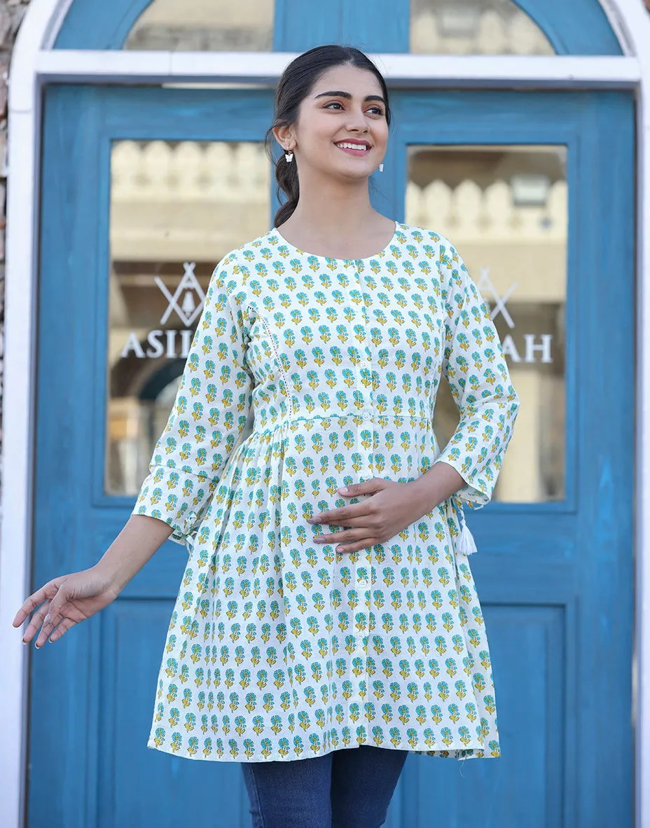 White-Green Floral Print Cotton Shirt Style Tunic  (pack of 1)