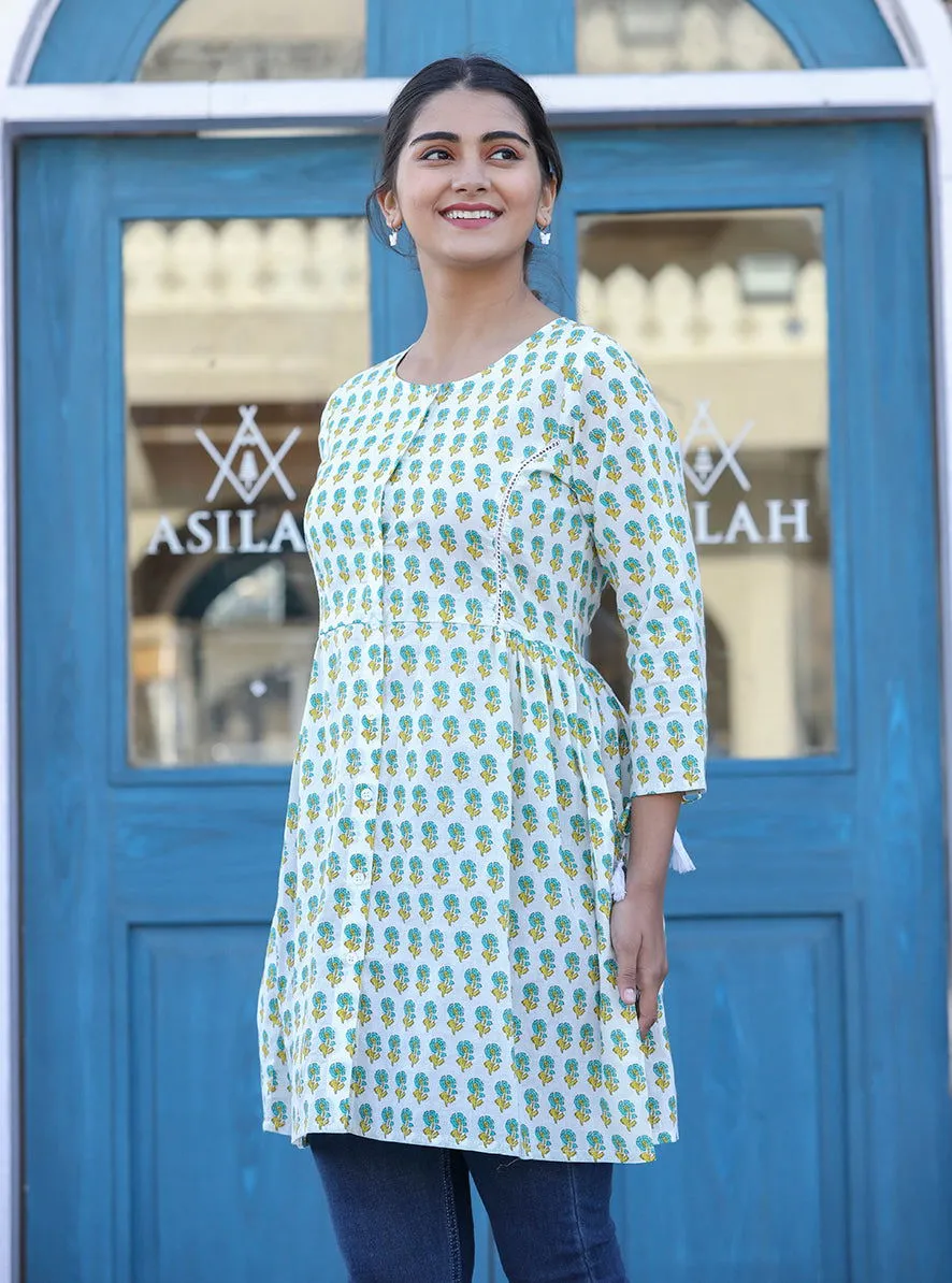 White-Green Floral Print Cotton Shirt Style Tunic  (pack of 1)