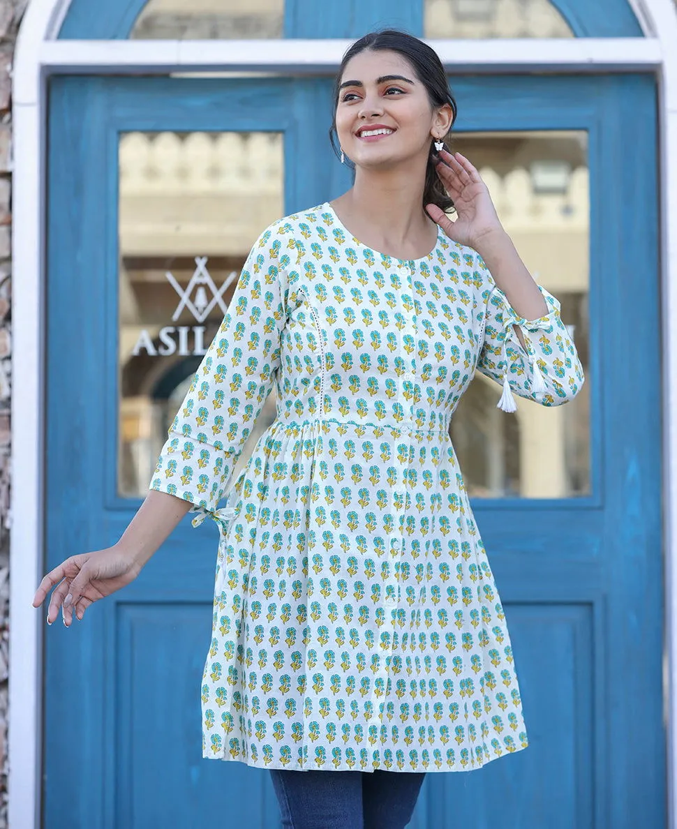 White-Green Floral Print Cotton Shirt Style Tunic  (pack of 1)